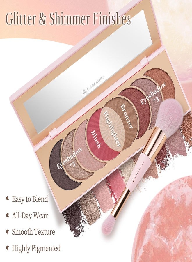 COLOR NYMPH لوحة مكياج ظلال العيون 9 ألوان من كولور نيمف丨أحمر خدود هايلايتر برونزر بودرة ظلال العيون، مجموعة مكياج بحجم السفر مع فرشاة ومرآة، تدوم طويلاً وذات صبغة عالية - مكياج عيون نود - Image 2