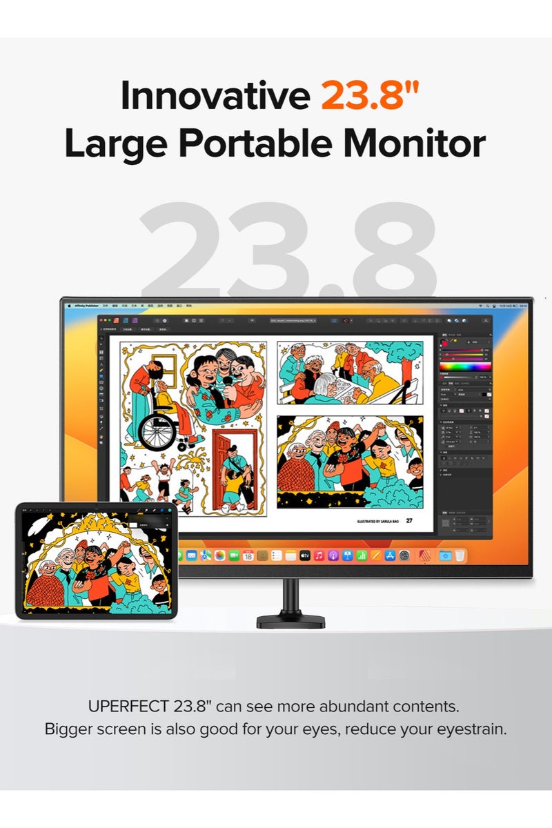 أوبيرفكت شاشة محمولة UPERFECT مقاس 23.8 بوصة 120 هرتز 1920*1080 FHD IPS USB C وميناء Mini HDMI شاشة ثانية للكمبيوتر المحمول/الهاتف/جهاز الألعاب، قابلة للتثبيت على حامل VESA - Image 2