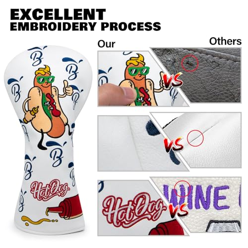 BAIRBRE Golf Club Covers, Hot Dog Golf Driver Cover Fariway Wood Headcovers Hybrid Head Covers 3 Wood Headcover Leather Golf Headcover with Number Tag for Scotty Cameron Odyssey Taylormade All Brand - Image 3