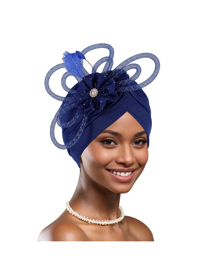 Laravel Women's Fashion Elegant Ladies' Wedding Dinner Hot Diamond Heavy Islamic Arab Hijab Undercap Elastic Turban Hat Headscarf Hat Ramadan Gift Holiday Gift Box - Blue  - Image 1