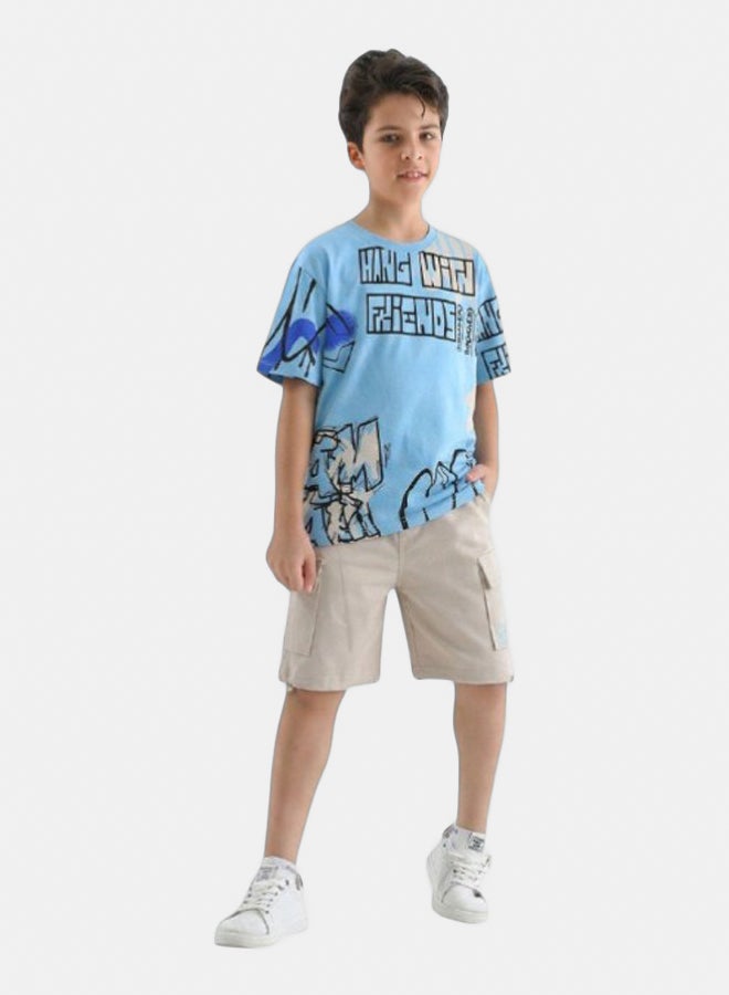 Bongo Boys Cotton T-shirt & Shorts Set Baby Blue & Beige - Kids Summer Outfit, Comfortable Casual Wear