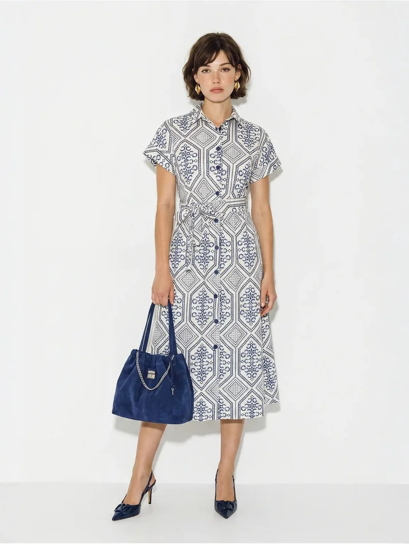 Bianco Lucci LUCCI Belted Geometric Cotton Midi Shirt Dress