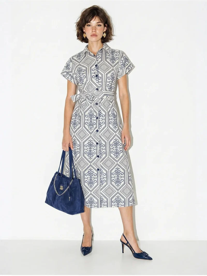 Bianco Lucci LUCCI Belted Geometric Cotton Midi Shirt Dress