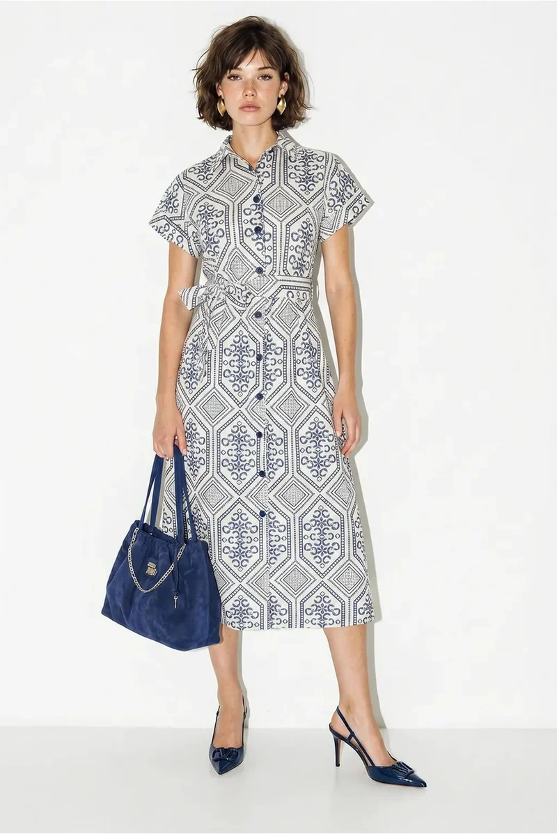 بيانكو لوتشي LUCCI Belted Geometric Cotton Midi Shirt Dress