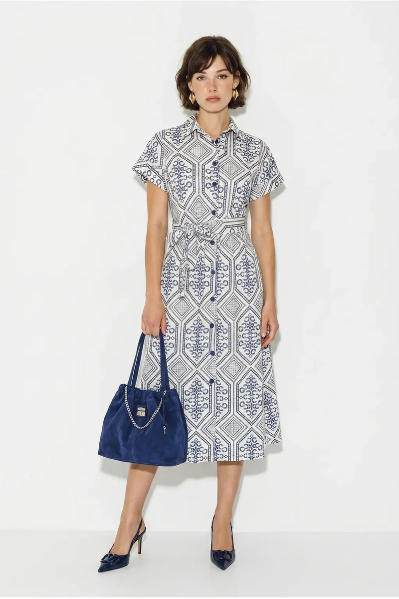 بيانكو لوتشي LUCCI Belted Geometric Cotton Midi Shirt Dress