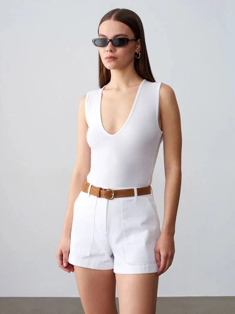 ديلفين Dilvin High-Waist Cotton Poplin Tailored Shorts