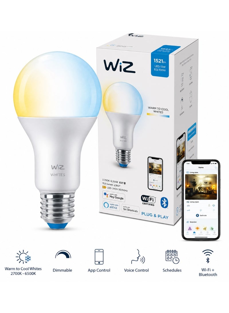 Wiz Smart LED Bulb E27 WiFi Bluetooth, A67 13W 100W Equivalent Dimmable Light Bulb, 1521 Lumens, Warm White to Cool White 2700K-6500K, App & Voice Control, No Hub Required, Works with Alexa Google Siri - Image 1