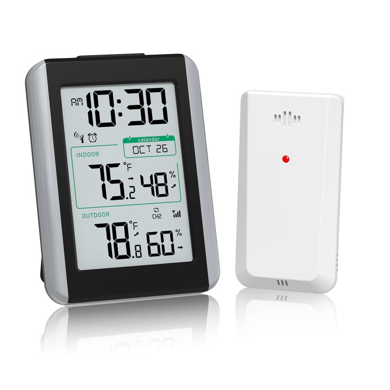 Home Weather Station: Black All-in-one Display With 4-digit Time 12/24HR Calendar Alarm With Snooze - Dual-range 30-second Updates Indoor Outdoor Temperature Humidity Monitor For Home Use - Image 1