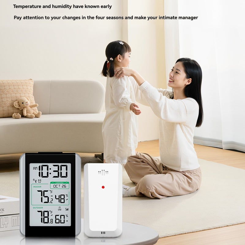 Home Weather Station: Black All-in-one Display With 4-digit Time 12/24HR Calendar Alarm With Snooze - Dual-range 30-second Updates Indoor Outdoor Temperature Humidity Monitor For Home Use - Image 3