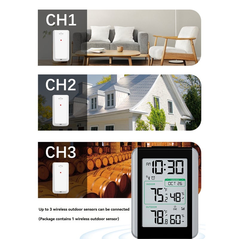 Home Weather Station: Black All-in-one Display With 4-digit Time 12/24HR Calendar Alarm With Snooze - Dual-range 30-second Updates Indoor Outdoor Temperature Humidity Monitor For Home Use - Image 5