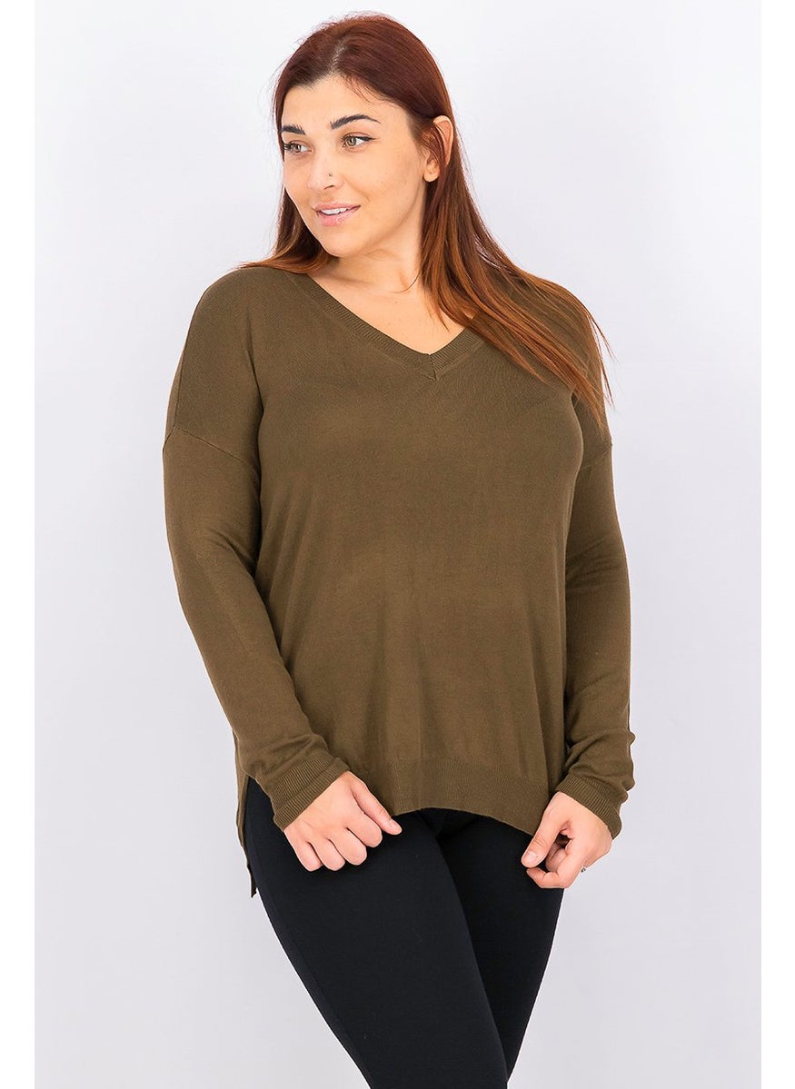 Lefties Women V-neck Long Sleeve Plain Sweater, Olive  - Image 3