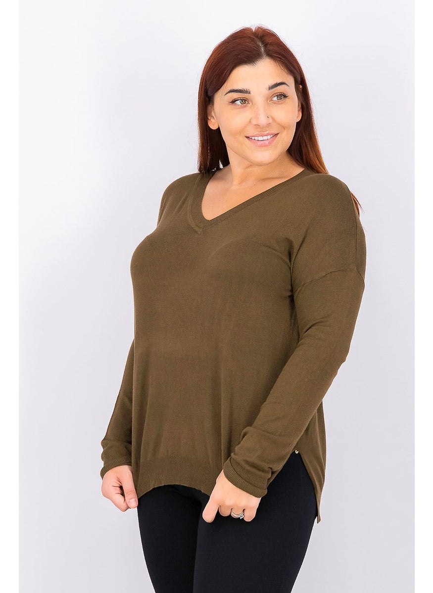 Lefties Women V-neck Long Sleeve Plain Sweater, Olive  - Image 1