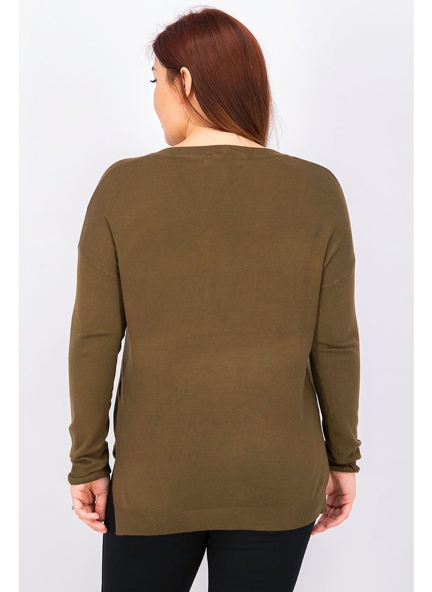 Lefties Women V-neck Long Sleeve Plain Sweater, Olive  - Image 2