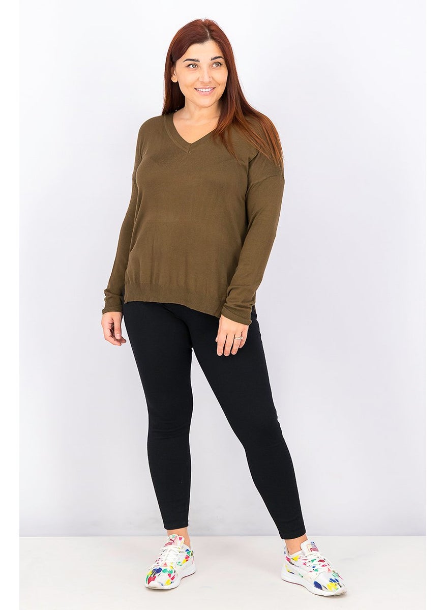 Lefties Women V-neck Long Sleeve Plain Sweater, Olive  - Image 4