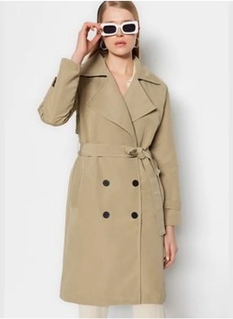 trendyol Light Khaki Oversize Wide-Cut Belted Water-repellent Long Trench Coat TWOAW23TR00004