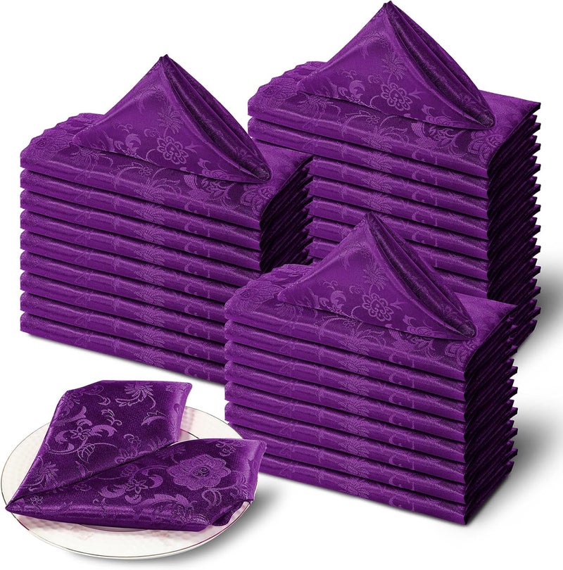 Cobedzy 60 Pack Purple Satin Cloth Napkins 17x17 Inch Satin Napkins Damask Cloth Napkins Jacquard Dinner Napkins Luxurious Cloth Napkin for Wedding Banquet Party Restaurant Dinner Decoration - Image 1