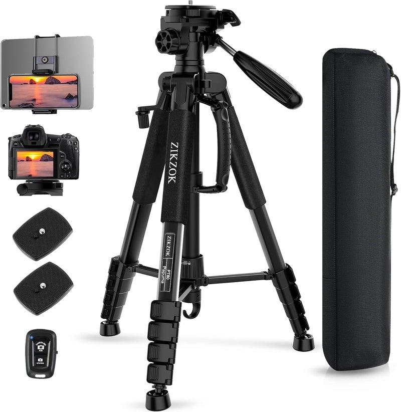 ZIKZOK 75" Camera Tripod, Aluminum Heavy Duty Camera Stand for ipad Phone, Travel Tripod with/Carry Bag/Phone Tablet Holder, Compatible with Canon Nikon Sony DSLR, Spotting Scopes, Max Load 15 Lb(Black) - Image 1