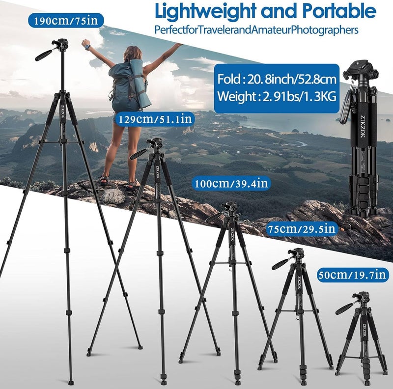 ZIKZOK 75" Camera Tripod, Aluminum Heavy Duty Camera Stand for ipad Phone, Travel Tripod with/Carry Bag/Phone Tablet Holder, Compatible with Canon Nikon Sony DSLR, Spotting Scopes, Max Load 15 Lb(Black) - Image 3