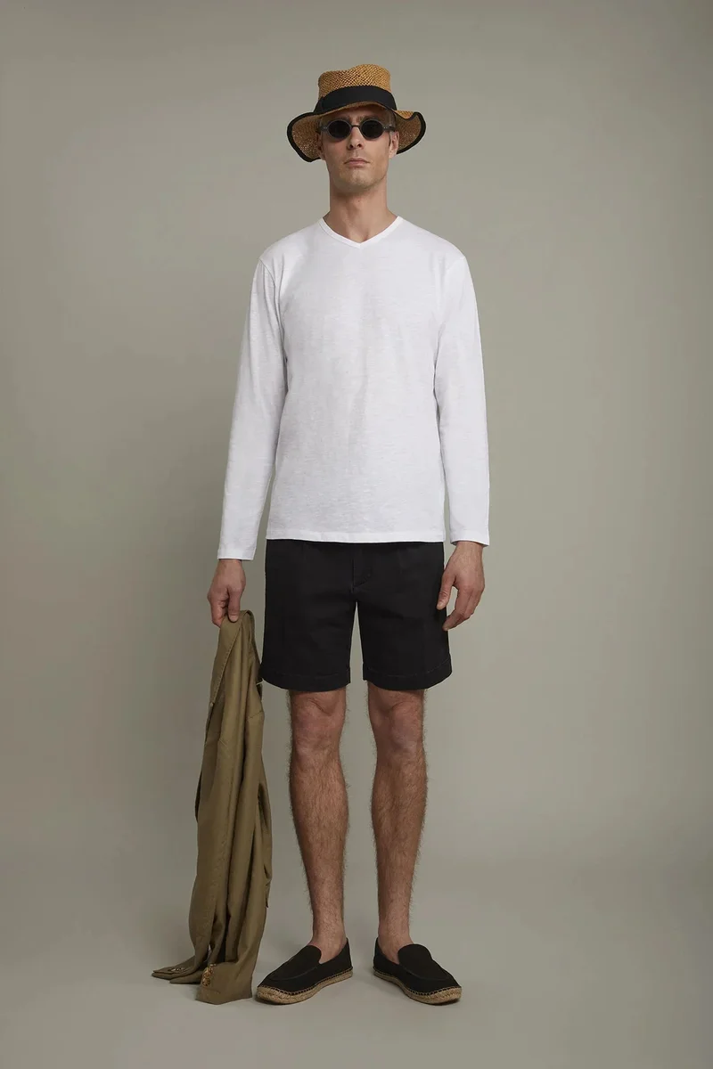 Men's v-neck t-shirt 100% flamed-effect cotton with long sleeves regular fit - Off White