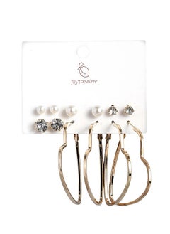 Just Peachy Gold Toned Earrings for Women & Girls, Ear Bali With 4 Studs for Ladies, Latest Design, 2 Gold-Toned Heart Shaped & White Beads Earrings for Birthdays Gifts, Anniversaries Pack of 6