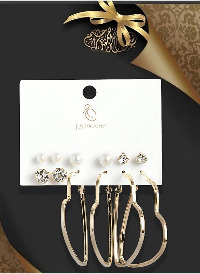 Just Peachy - Just Peachy Gold Toned Earrings for Women & Girls, Ear Bali With 4 Studs for Ladies, Latest Design, 2 Gold-Toned Heart Shaped & White Beads Earrings for Birthdays Gifts, Anniversaries Pack of 6 - Image 1