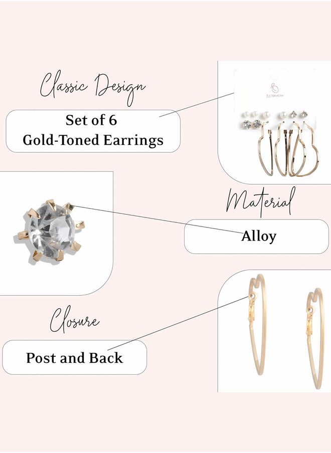 Just Peachy - Just Peachy Gold Toned Earrings for Women & Girls, Ear Bali With 4 Studs for Ladies, Latest Design, 2 Gold-Toned Heart Shaped & White Beads Earrings for Birthdays Gifts, Anniversaries Pack of 6 - Image 1