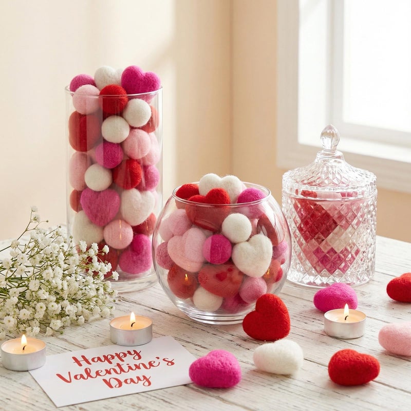 Hahafelt 24 Pcs Valentines Day Vase Filler Felt Heart Balls for Crafts Valentine's Day Decorations Ornaments Heart Shaped & Round Pom Poms Red Pink Hearts Vase Filler for Crafts Home(2.3inch,1.9 Inch) - Image 4