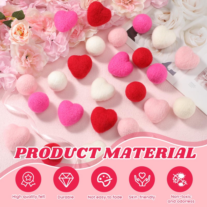 Hahafelt 24 Pcs Valentines Day Vase Filler Felt Heart Balls for Crafts Valentine's Day Decorations Ornaments Heart Shaped & Round Pom Poms Red Pink Hearts Vase Filler for Crafts Home(2.3inch,1.9 Inch) - Image 3