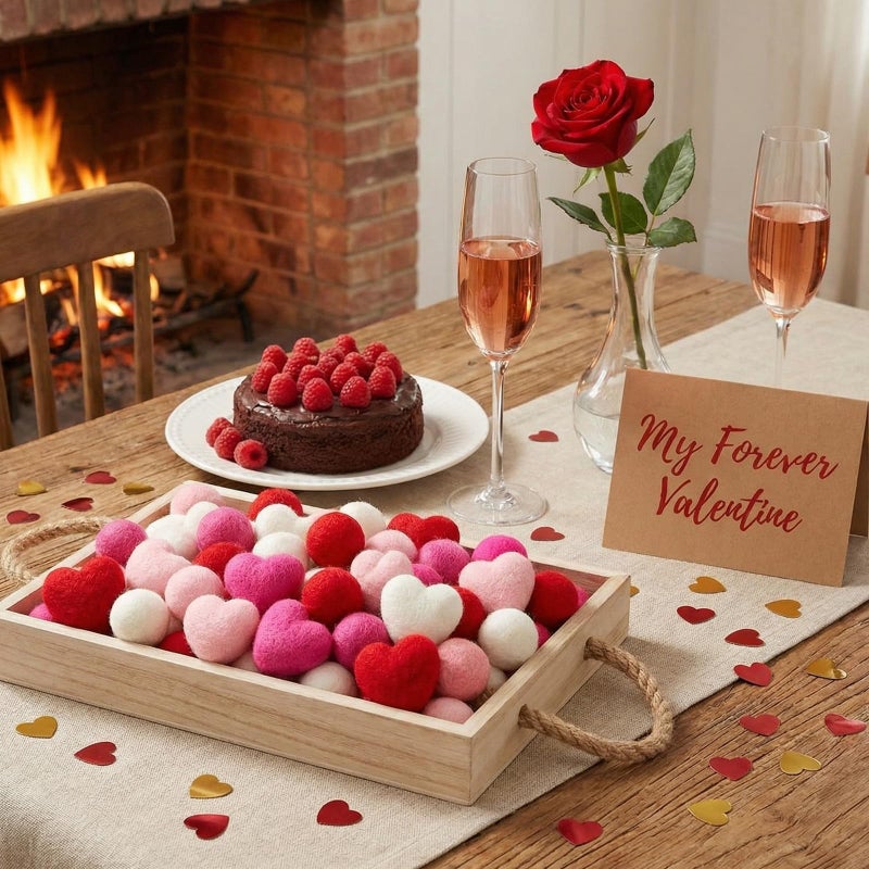 Hahafelt 24 Pcs Valentines Day Vase Filler Felt Heart Balls for Crafts Valentine's Day Decorations Ornaments Heart Shaped & Round Pom Poms Red Pink Hearts Vase Filler for Crafts Home(2.3inch,1.9 Inch) - Image 5