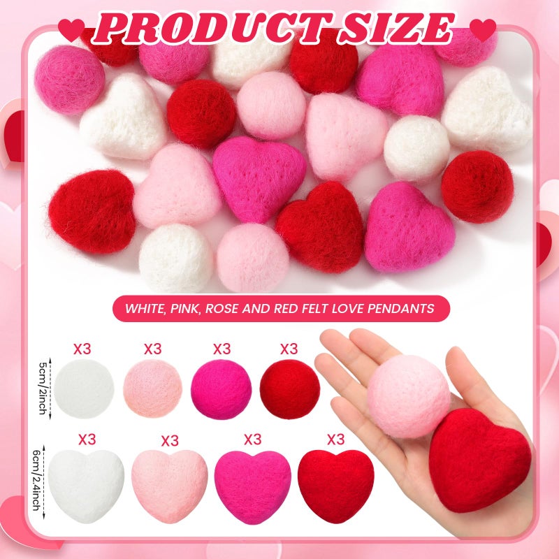 Hahafelt 24 Pcs Valentines Day Vase Filler Felt Heart Balls for Crafts Valentine's Day Decorations Ornaments Heart Shaped & Round Pom Poms Red Pink Hearts Vase Filler for Crafts Home(2.3inch,1.9 Inch) - Image 2