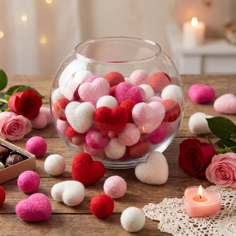 Hahafelt 24 Pcs Valentines Day Vase Filler Felt Heart Balls for Crafts Valentine's Day Decorations Ornaments Heart Shaped & Round Pom Poms Red Pink Hearts Vase Filler for Crafts Home(2.3inch,1.9 Inch) - Image 1