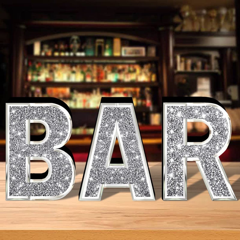 ZOLAPI 3 pcs Independent Letters BAR.Glam Crystal Diamond Letters.Silver Mirror Glass Home Decoration for Wall  Kitchen Living Room  Fireplace  Bookshelf and Table. - Image 2