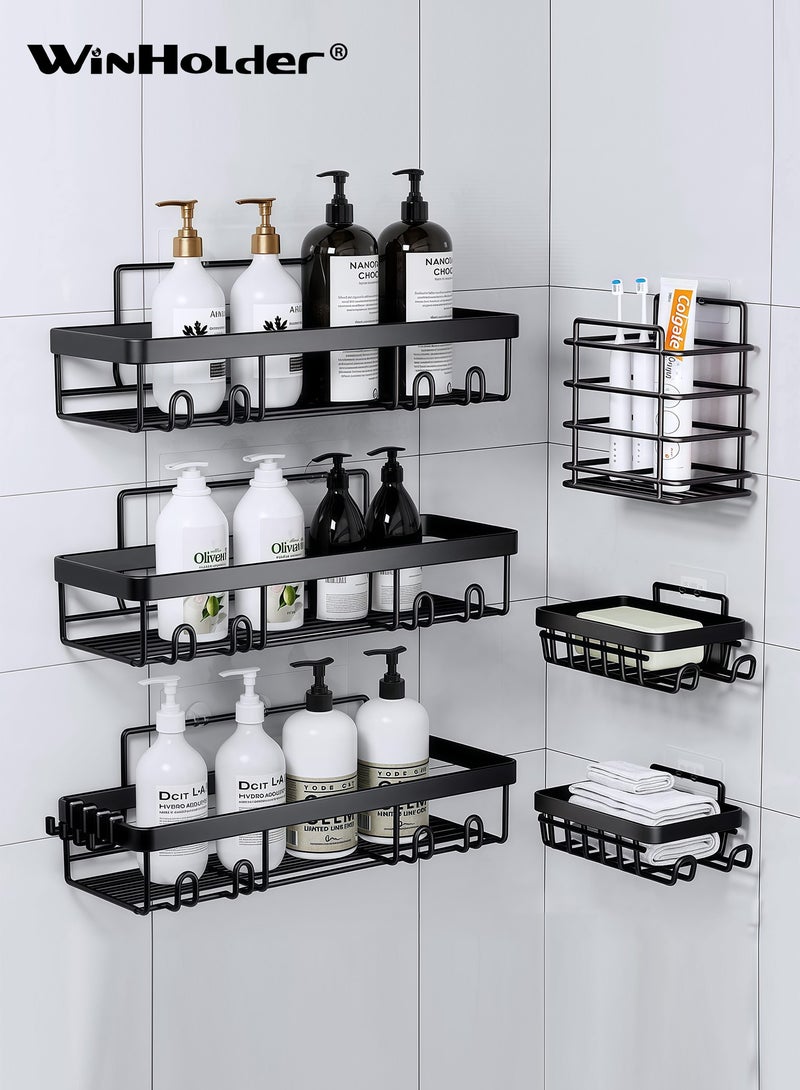 وين هولدر علبة استحمام من الفولاذ المقاوم للصدأ، 6 عبوات من علبة الاستحمام، رف منظم للحمامات لاصق، بدون حفر، سعة كبيرة، منظم أرفف حمام من الفولاذ المقاوم للصدأ مقاوم للصدأ مع 4 خطافات، رف استحمام لداخل الدش أسود - Image 1