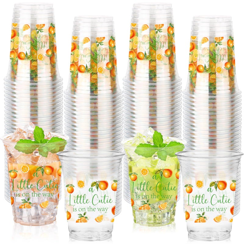 Tiangrid 100 Pcs Little Cutie Baby Shower Cups Decoration 16 oz Clear Disposable Orange Party Cups Bulk Cute Fruit Citrus Plastic Glasses for Little Cutie Birthday Gender Reveal Party Supplies - Image 1