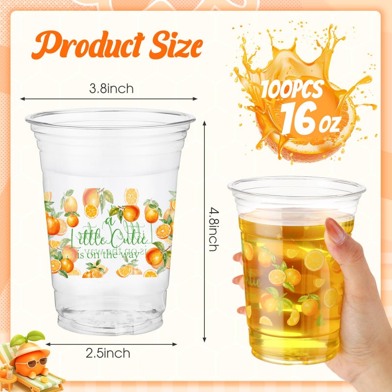 Tiangrid 100 Pcs Little Cutie Baby Shower Cups Decoration 16 oz Clear Disposable Orange Party Cups Bulk Cute Fruit Citrus Plastic Glasses for Little Cutie Birthday Gender Reveal Party Supplies - Image 2
