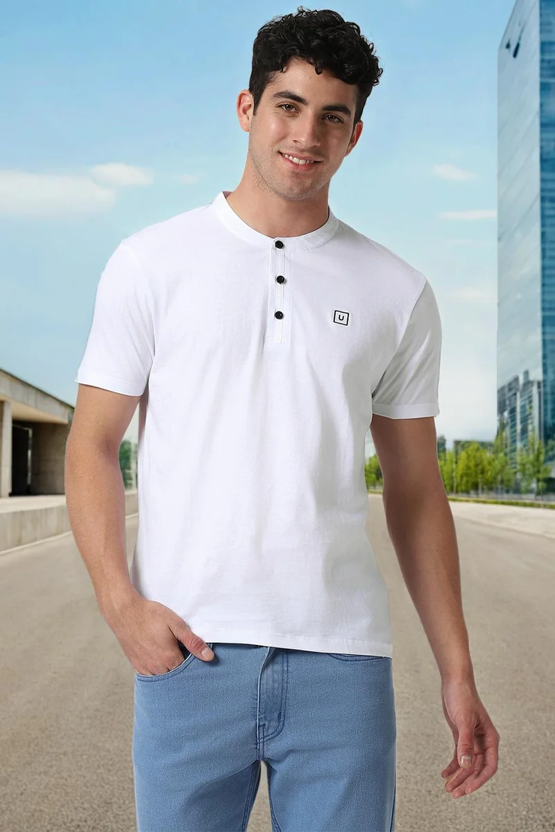 Urbano Fashion  Urbano Fashion Men's White Solid Mandarin Collar Slim Fit Cotton T-Shirt for Men | Best Price UAE