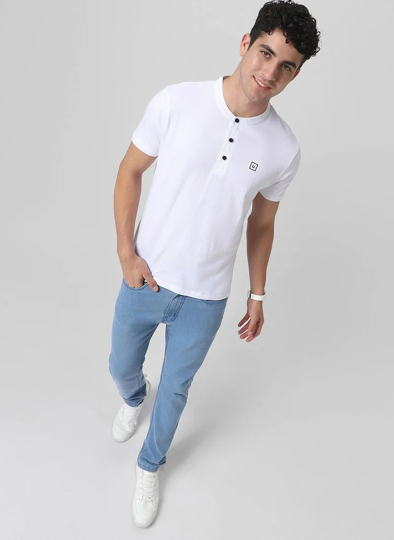 Urbano Fashion  Urbano Fashion Men's White Solid Mandarin Collar Slim Fit Cotton T-Shirt for Men | Best Price UAE