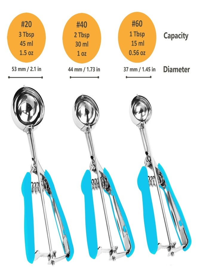LLESCA Cookie Scoop Set, 3Pcs Ice Cream Scoop, Cookie Scoops for Baking Set of 3, 18/8 Stainless Steel Cookie Scooper for Baking, Ice Cream Scooper with Trigger Release, Blue Soft Grip Cookie Dough Scoop - Image 2