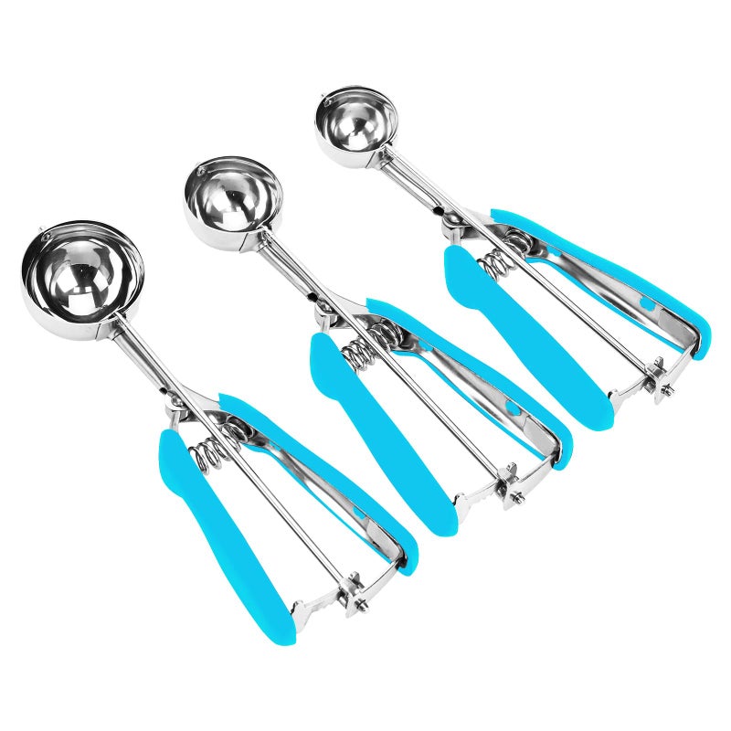 LLESCA Cookie Scoop Set, 3Pcs Ice Cream Scoop, Cookie Scoops for Baking Set of 3, 18/8 Stainless Steel Cookie Scooper for Baking, Ice Cream Scooper with Trigger Release, Blue Soft Grip Cookie Dough Scoop - Image 1