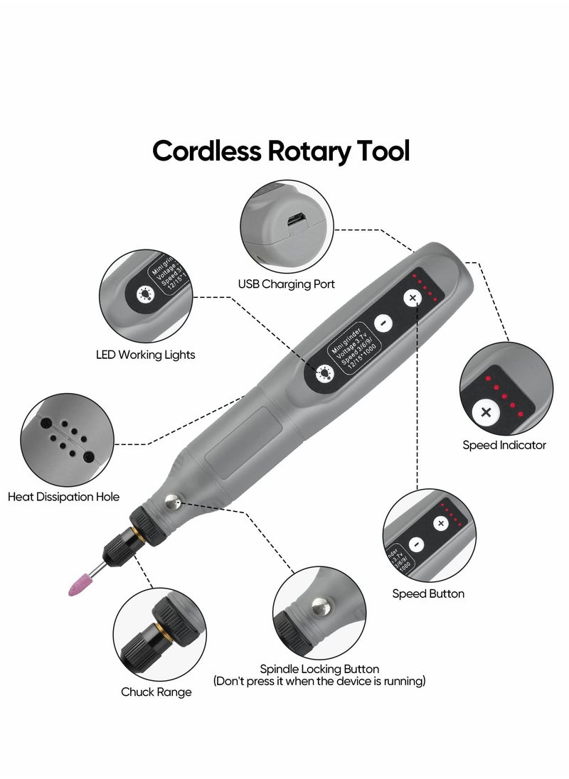 SYOSI طقم أدوات دوارة، لاسلكي، 5 سرعات متغيرة وكابل شحن USB، أدوات طاقة صغيرة، 3.7 فولت مع 45 قطعة ملحقات للقطع، الحفر، الصقل، النقش، التلميع والحرف اليدوية (رمادي)  - Image 2