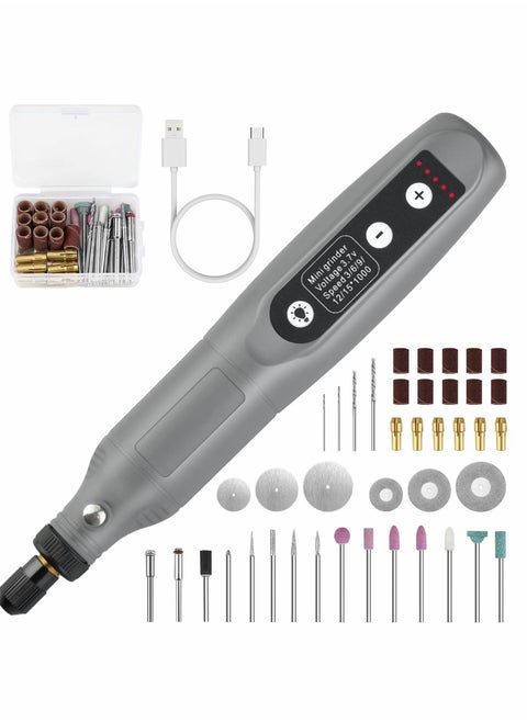 طقم أدوات دوارة، لاسلكي، 5 سرعات متغيرة وكابل شحن USB، أدوات طاقة صغيرة، 3.7 فولت مع 45 قطعة ملحقات للقطع، الحفر، الصقل، النقش، التلميع والحرف اليدوية (رمادي)