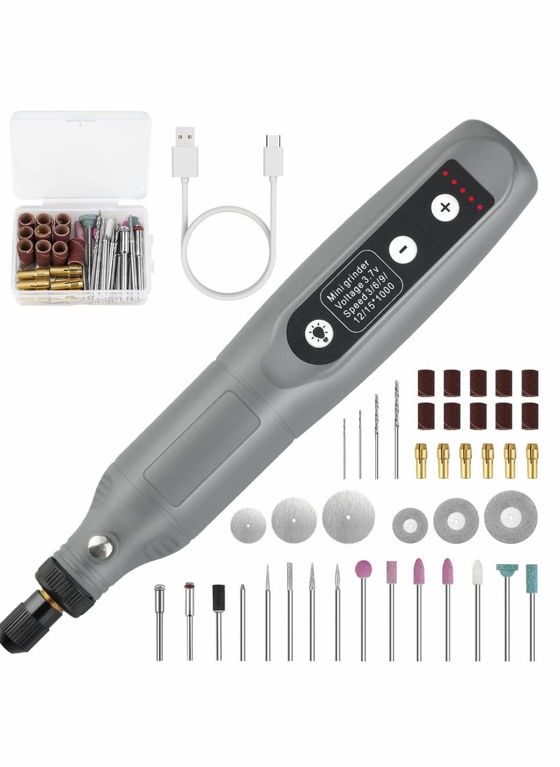 SYOSI طقم أدوات دوارة، لاسلكي، 5 سرعات متغيرة وكابل شحن USB، أدوات طاقة صغيرة، 3.7 فولت مع 45 قطعة ملحقات للقطع، الحفر، الصقل، النقش، التلميع والحرف اليدوية (رمادي)  - Image 1