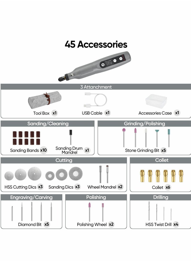 SYOSI طقم أدوات دوارة، لاسلكي، 5 سرعات متغيرة وكابل شحن USB، أدوات طاقة صغيرة، 3.7 فولت مع 45 قطعة ملحقات للقطع، الحفر، الصقل، النقش، التلميع والحرف اليدوية (رمادي)  - Image 5