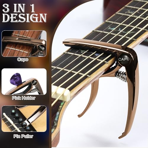 TecoKart® Guitar Capo with 5Pcs Picks, 3 in 1 Zinc Alloy Capo for Ukulele, Acoustic and Electric Guitars, Guitar Accessories for Clear Sound and Fret Protection - Image 3