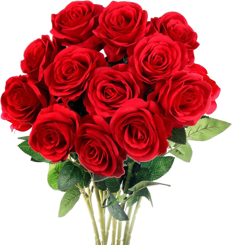The Decor Affair 12 PCS Red Artificial Rose Flowers, Silk Roses Single Stem Realistic Fake Rose Bouquet for Wedding Bridal Shower Home Garden Decorations - Image 1