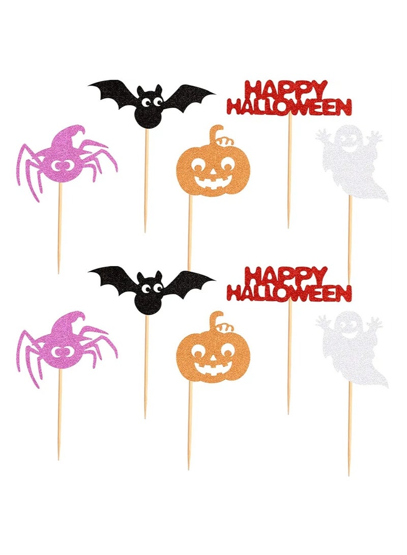 30 Pack Happy Cupcake Toppers Glitter Bat Pumpkin Witch Spider Cupcake Picks for Halloween Wizard Birthday Anniversary Babyshower Party Supllies  - Image 1