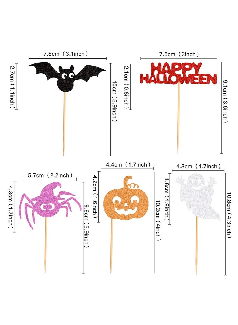 30 Pack Happy Cupcake Toppers Glitter Bat Pumpkin Witch Spider Cupcake Picks for Halloween Wizard Birthday Anniversary Babyshower Party Supllies  - Image 2