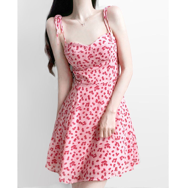 Sweet Style Floral Sling Dress Set Womens Summer Thin Sunscreen Cardigan Sweet Girl Strap Waist Short Skirt 8866 skirt + sunscreen cardigan