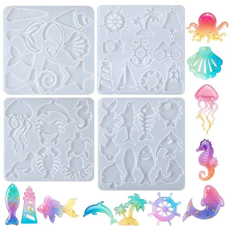 WJIAAA Ocean Theme Silicone Molds 4PCS Marine Life Resin Eearring Molds for Jewelry Making Jellyfish Shell Starfish DIY Epoxy Resin Craft Supplies Lighthouse Ship Wheel for Earring Keychain Pendant - Image 3