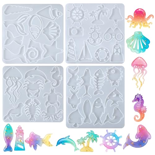 WJIAAA Ocean Theme Silicone Molds 4PCS Marine Life Resin Eearring Molds for Jewelry Making Jellyfish Shell Starfish DIY Epoxy Resin Craft Supplies Lighthouse Ship Wheel for Earring Keychain Pendant - Image 1